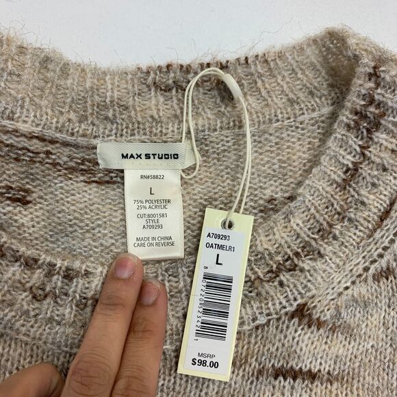 Max Studio Sweater Womens L Large Oatmeal Melange Hi-Low Drop Shoulder Pullover - Picture 8 of 11